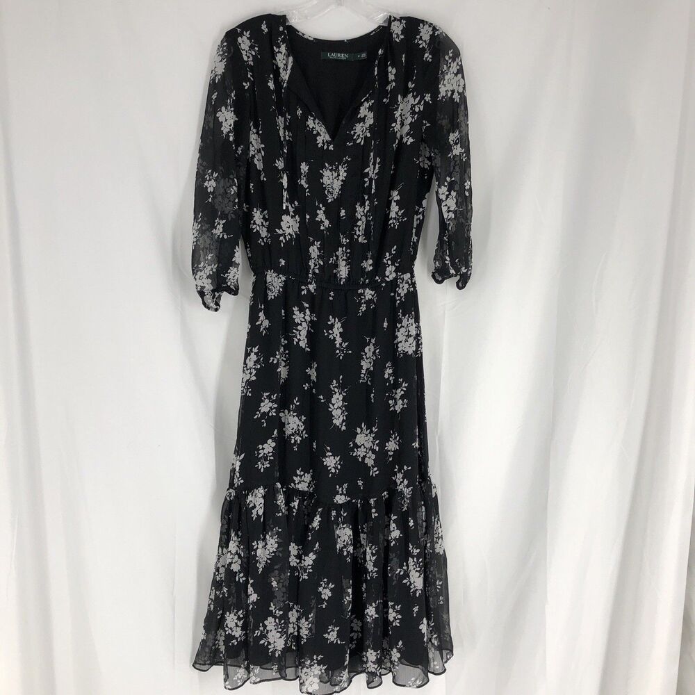 Lauren Ralph Lauren Floral Chiffon Midi Dress Womens 2 V-Neck